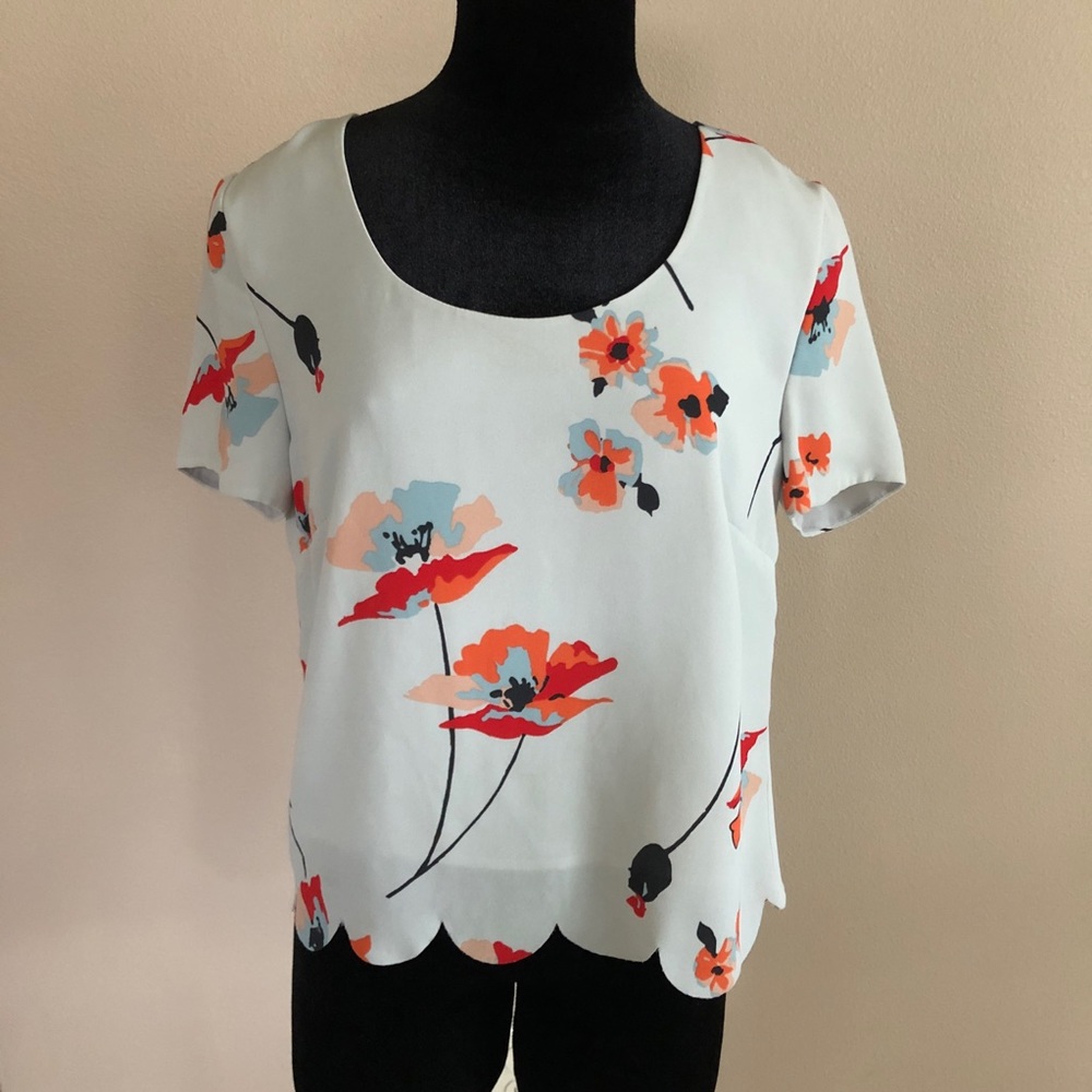 Paper Crown Blue Poppy Floral Scallop Hem Top